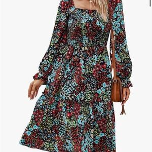Vibrant Floral Long Sleeve Midi Dress